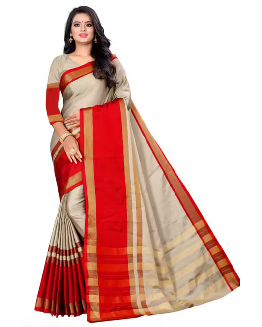 Shop Now Beige and Red color Cotton Silk saree with Blouse | GrandBazar.in
