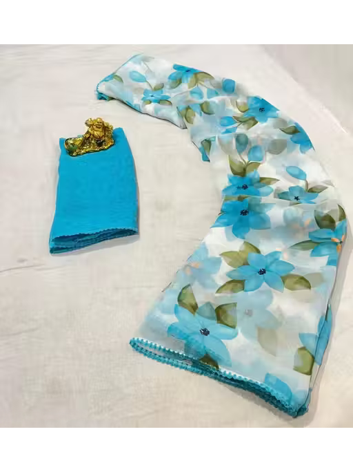 Blue Floral Designer Printed Chiffon White saree | GrandBazar.in
