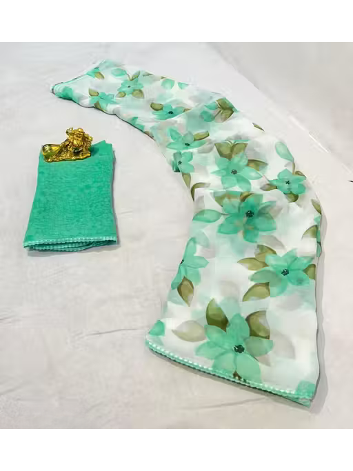 Green Floral Designer Printed Chiffon White saree | GrandBazar.in