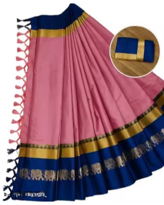 Buy Now Pink and Blue hathi Designer Women Cotton Silk Saree with blouse GrandBazar.in