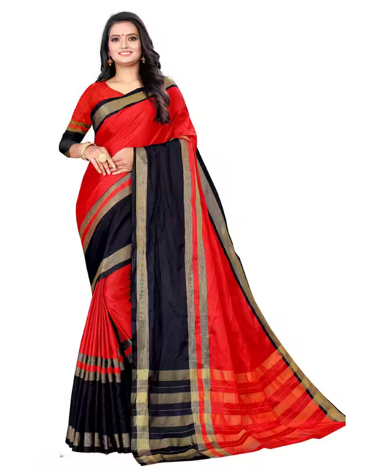 Shop Now Red and Black Women Cotton Silk Saree With Blouse | GrandBazar.in
