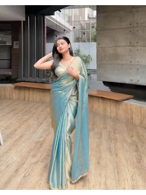 Shop Now Teal blue Pure Chiffon Embellished Party Wear Saree with Matching Blouse