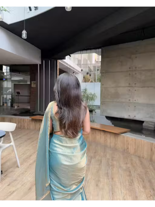 Shop Now Teal blue Pure Chiffon Embellished Party Wear Saree with Matching Blouse