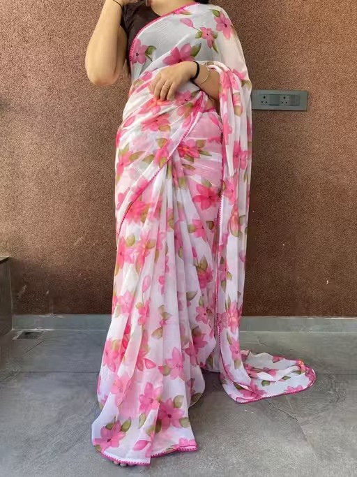 Shop Now Floral Designer Printed Chiffon saree | GrandBazar.in