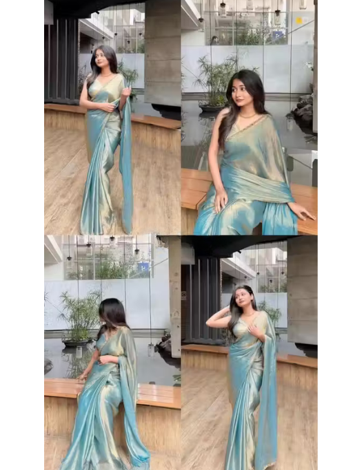 Shop Now Teal blue Pure Chiffon Embellished Party Wear Saree with Matching Blouse