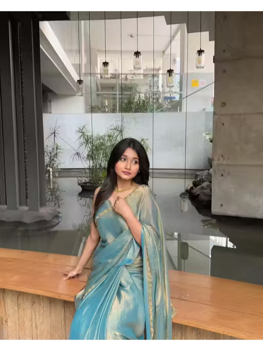 Shop Now Teal blue Pure Chiffon Embellished Party Wear Saree with Matching Blouse