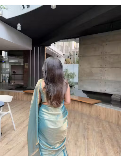 Shop Now Teal blue Pure Chiffon Embellished Party Wear Saree with Matching Blouse